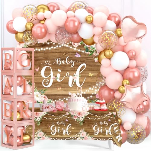 Rose Gold Baby Shower Dekorationen für Mädchen, Rose Gold Pink Ballon Bogen Girlande Kit mit Baby Boxen mit Buchstaben, Baby Mädchen Hintergrund und Tischdecke für Schmetterling Baby Shower Decor von Frigg