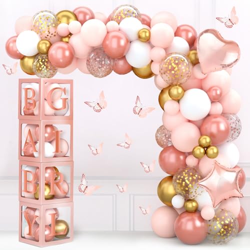 Rosegold Babyparty Deko Set, Luftballon Girlande mit Luftballons Rosa Gold Weiß, 4 pcs Baby Box(A-Z,BABY), Rosegold Ballon Girlande für Geburtstagsdeko Mädchen, Babyparty, Birthday Girl, Baby Shower von Frigg