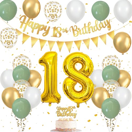 18.Geburtstagsdeko Salbeigrün, Luftballons Geburtstag mit Luftballons Grün Gold Weiß, Happy Birthday Girlande, Tortendeko Geburtstag, Wimpelkette Gold, für Party Deko 18. Geburtstag Mädchen Junge von Frigg