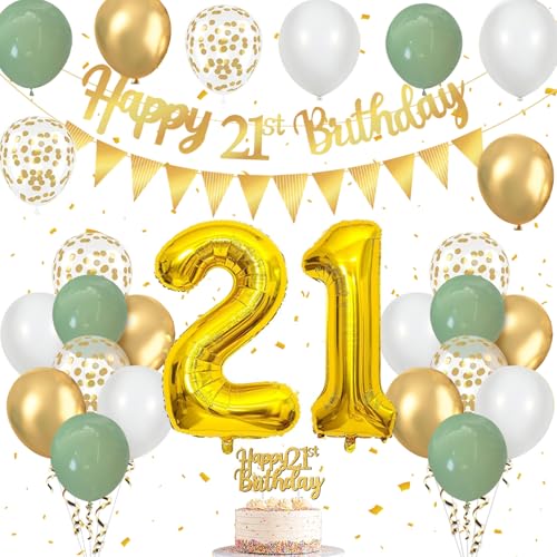 21 geburtstag deko Salbeigrün, Luftballons Geburtstag mit Luftballons Grün Gold Weiß, Happy Birthday Girlande, Tortendeko Geburtstag, Wimpelkette Gold, für Party Deko 21 Geburtstag Mädchen Junge von Frigg