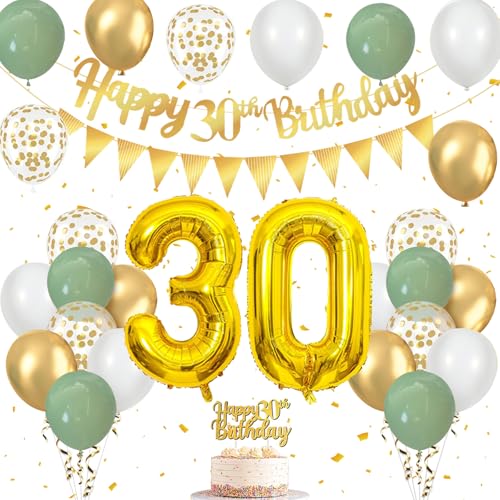 30 Geburtstag Deko Salbeigrün, Luftballons 30. Geburtstag mit Luftballons Grün Gold Weiß, Happy Birthday Girlande, Tortendeko Geburtstag, Wimpelkette Gold, für Deko 30 Geburtstag Frauen Männer von Frigg