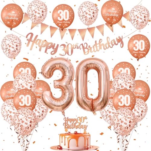 30 Geburtstag Deko Set, Luftballons Geburtstag mit Luftballons Rosegold, 30 Luftballon, Konfetti Ballons, Cake Topper Geburtstag, Happy Birthday Girlande, Birthday Balloons für Deko 30 Geburtstag Frau von Frigg