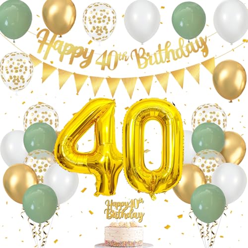 40 Geburtstag Deko Salbeigrün, Luftballons 40. Geburtstag mit Luftballons Grün Gold Weiß, Happy Birthday Girlande, Tortendeko Geburtstag, Wimpelkette Gold, für Deko 40 Geburtstag Frauen Männer von Frigg