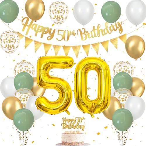 50 Geburtstag Deko Salbeigrün, Luftballons 50. Geburtstag mit Luftballons Grün Gold Weiß, Happy Birthday Girlande, Tortendeko Geburtstag, Wimpelkette Gold, für Deko 50 Geburtstag Frauen Männer von Frigg