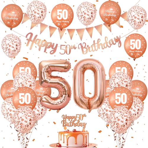 50 Geburtstag Deko Set, Luftballons Geburtstag mit Luftballons Rosegold, 50 Luftballon, Konfetti Ballons, Cake Topper Geburtstag, Happy Birthday Girlande, Birthday Balloons für Deko 50 Geburtstag Frau von Frigg