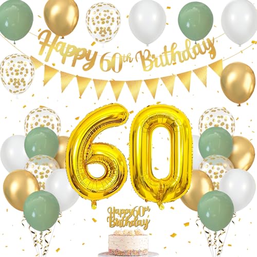 60 Geburtstag Deko Salbeigrün, Luftballons 60. Geburtstag mit Luftballons Grün Gold Weiß, Happy Birthday Girlande, Tortendeko Geburtstag, Wimpelkette Gold, für Deko 60 Geburtstag Frauen Männer von Frigg