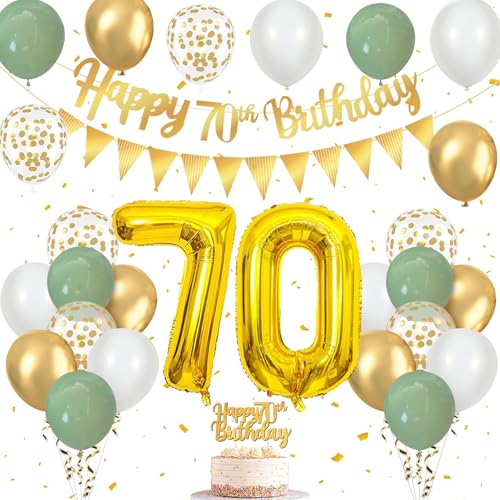 70 Geburtstag Deko Salbeigrün, Luftballons 70. Geburtstag mit Luftballons Grün Gold Weiß, Happy Birthday Girlande, Tortendeko Geburtstag, Wimpelkette Gold, für Deko 70 Geburtstag Frauen Männer von Frigg