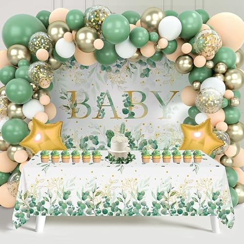 Grün Gold Baby Shower Deko Set, Luftballon Girlande mit Luftballons Grün, Gold, Weiß und Zartorange, Hintergrund und Tischdecke, Party Supplies für Babyparty Deko, Baby Shower, Waldtiere Geburtstag von Frigg