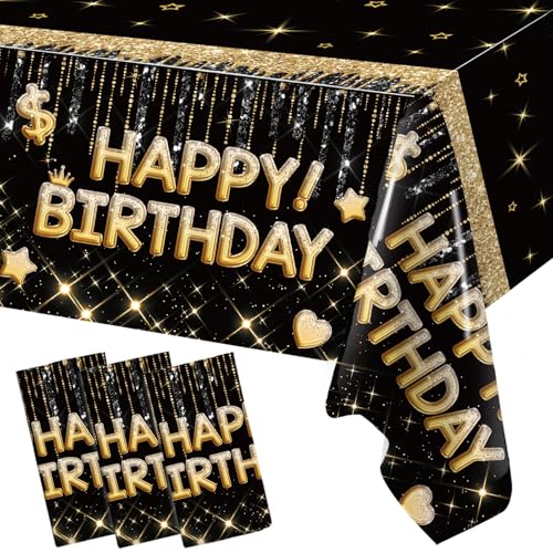 Schwarz Gold Tischdecke Geburtstag, 3 Stück 220×130cm Tischdecken Happy Birthday Deko, Party Tischdecke Wasserdicht, Schwarz Gold Table Cloth für Geburtstagsdeko Tisch, Birthday Decorations von Frigg