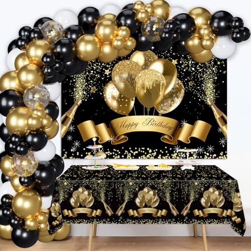 Schwarz Gold Geburtstagsdeko Set, Luftballon Girlande mit Luftballons Schwarze Gold weiß, Happy Birthday Banner und Tischdecke Geburtstag, für Geburtstag Deko Mann Frauen, Happy Birthday Deko von Frigg