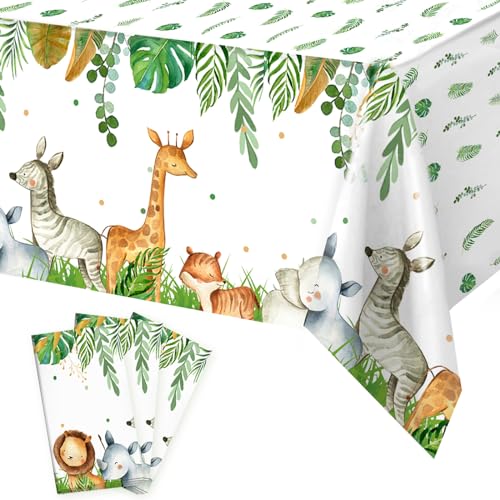 Tischdecken-Set, 3-teilig, Blattmuster, je 220 x 130 cm Safari Tischdecke Kindergeburtstag, Happy Birthday Tischdecke for Safari Geburtstagsdeko Jungen, Dschungel Party, Safari Deko, Wild One Deko von Frigg