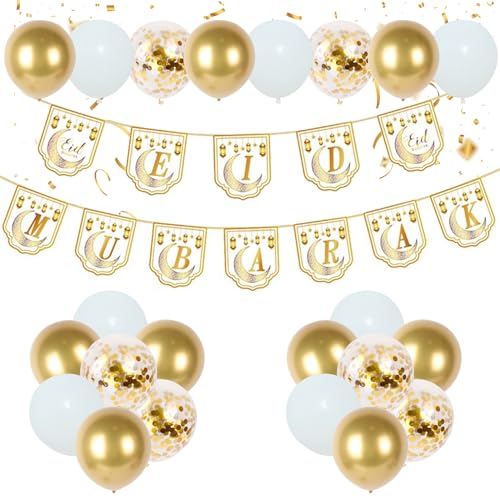 Weiß und Gold Eid Mubarak Decoration Ballons set, Eid Mubarak Banner und 70 Stück Weiß und Gold Ballon, Eid Mubarak Girlande für Ramadan Decoration 2024, Aid Mubarak, Ramadan und Eid Mubarak Feiern. von Frigg