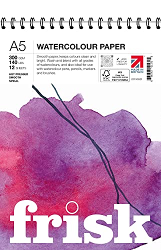 Frisk Aquarellpapier, Spirale, 300 g/m², heißgepresst/glatt, 12 Blatt, A5, Weiß von Frisk