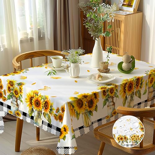 Tischdecke Outdoor Rechteckig 110 x 140 cm, Kariert Sonnenblume Tischdecke Abwaschbar Landhausstil Gartentischdecke Wasserdicht Fleckschutz Tischtuch Polyester Tischdecken für Küche Esstisch Party von Frostify