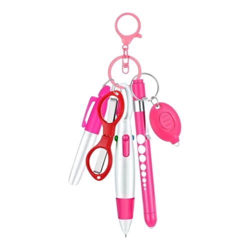 Frsoinor 6-In-1 Multifunktions-Kugelschreiber-Set mit Druckfunktion, Taschenlampe, Faltbare Schere, Kugelschreiber, Schlüsselanhänger, Krankenschwester-Stifte, Rosa von Frsoinor