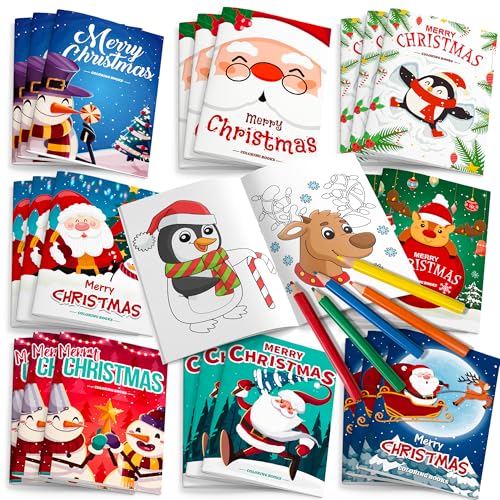 Weihnachts-Malbücher für Kinder, 24 Stück, Weihnachts-Malbücher, Großpackung und 12 Weihnachtsfeier-Farbstifte für Kinder alle Altersgruppen, Indoor-Aktivitäten, Weihnachts-Partyzubehör, Geschenke von Fruitful Jewelry