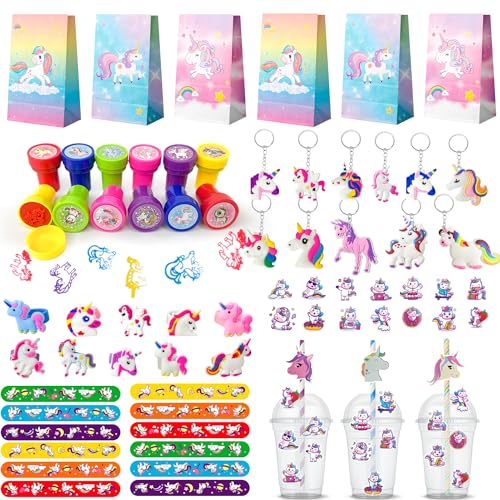 Einhorn Mitgebsel,134pcs Einhorn Mitgebsel Kinderparty Set-Einhorn Geschenktüten,Einhorn Party Schlüsselanhänger Stempel etc Einhorn Thema Gastgeschen von Fruitful Party