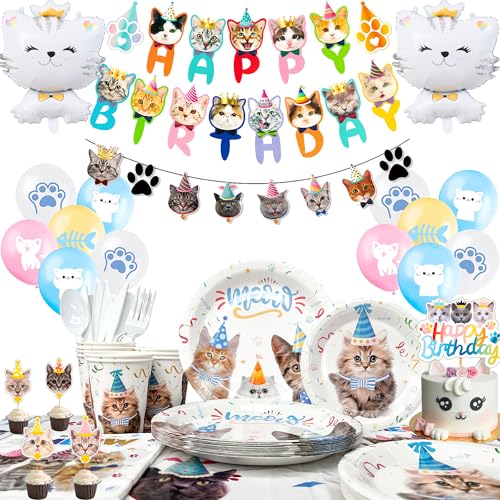 Katzen Deko Geburtstag,167pcs Katzen Geburtstag Deko Set-Katzen Party Teller Servietten & Tortendeko Katze Luftballons Banneretc etc Cat Birthday Party Supplies für Katze,Kitty Lovers,Kindergeburtstag von Fruitful Party