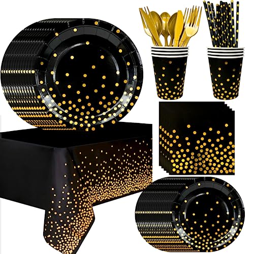 Party Geschirr Schwarz Gold,193pcs Schwarzgoldenes Geburtstag Party Geschirr-Pappteller Schwarz Gold Servietten etc Schwarz und Gold Partygeschirr von Fruitful Party