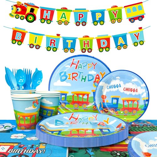 Zug Geburtstag Party Supplies,128pcs Zug Geburtstag Party Geschirr Set-Zug Geburtstag Teller Tischdecke&Zug Banner etc Train Kindergeburtstag Deko von Fruitful Party