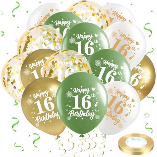 Frundoo 16. Geburtstag Ballons 25 Stück Salbei Gold Weiß Ballons 16. Geburtstag Latex Ballons Konfetti Ballons Helium Bälle Grün Gold 16. Geburtstag Party Dekorationen Jungen Mädchen von Frundoo