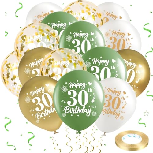 Frundoo 30. Geburtstag Ballons 25 Stück Salbei Gold Weiß Ballons 30. Geburtstag Latex Ballons Konfetti Ballons Helium Bälle Grün Gold 30. Geburtstag Party Dekorationen Männlich Weiblich von Frundoo