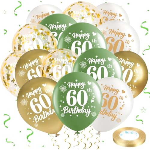 Frundoo 60. Geburtstag Ballons 25 Stück Salbei Gold Weiß Ballons 60. Geburtstag Latex Ballons Konfetti Ballons Helium Bälle Grün Gold 60. Geburtstag Party Dekorationen Männlich Weiblich von Frundoo