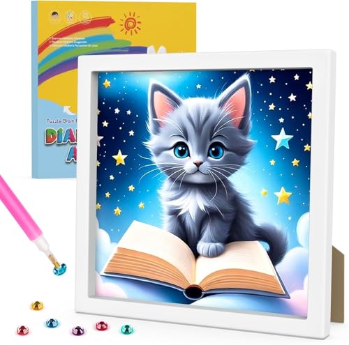 Frundoo Diamond Painting Kinder mit Holzrahmen,5D DIY Diamant Painting Kinder Mädchen Erwachsene,Diamond Painting Katze Set,Diamant Painting Bilder Arts Craft für Home Wand Décor von Frundoo