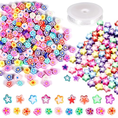 Frundoo Perlen 100 Stück Blumen Perlen Sternform Farben Perlen für Schmuck Ton Perlen,Kinder DIY Bead Set Blumenarmband Pilzarmband Herstellung 1 Rolle Kristallseil Art und Jewellery-Making Perlen Zum von Frundoo