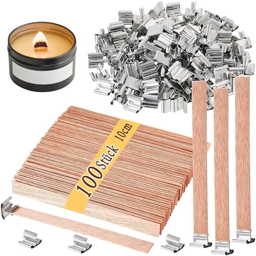 100 PCS Kerzendochte mit 100 PCS Eisenständer, Kerzen Machen Holzdocht für DIY Kerzenherstellung Handwerk, Rauchfreie Natürliche Umweltfreundliche Holzdochte für die Kerzenherstellung von Frypay