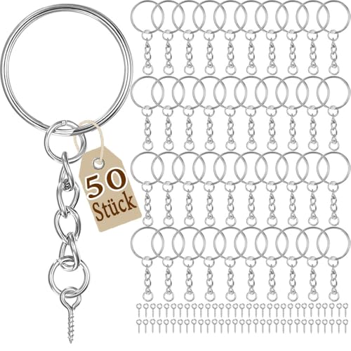 Schlüsselring mit Kette 100 Stück Schlüsselanhänger Basteln Set (50 Schlüsselanhänger Ringe Kette + 50 Schrauböse Pins) Schlüsselringe 25mm für Schlüssel DIY Taschen Schmuckherstellung (Silber) von Frypay