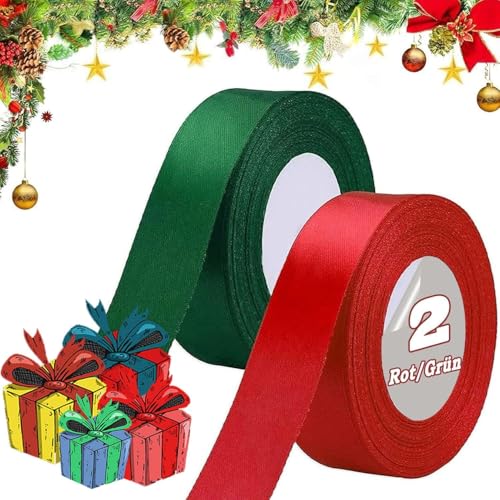 Geschenkband Weihnachten, schleifenband weihnachten, 46m × 25mm geschenkband zum Basteln Geschenkverpackung, Rot Dunkelgrün Satin Band Dekoband für Weihnachtsdeko Hochzeit Geburtstag Party von Frypay