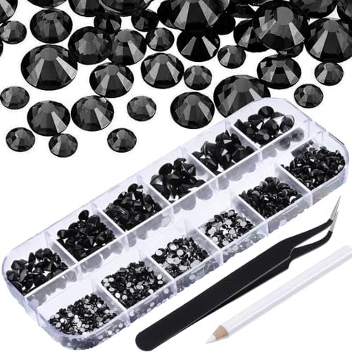 Fsahiuf 2100 Stücke Flache Rückseite Gems Runder Kristall Strasssteine 6 Größen(1,5-6MM) mit Einem Bleistift und Pinzettenset,Glas Kristall Nagel Aufkleber Bohrer für Nagel DIY Handyhülle(Schwarz) von Fsahiuf