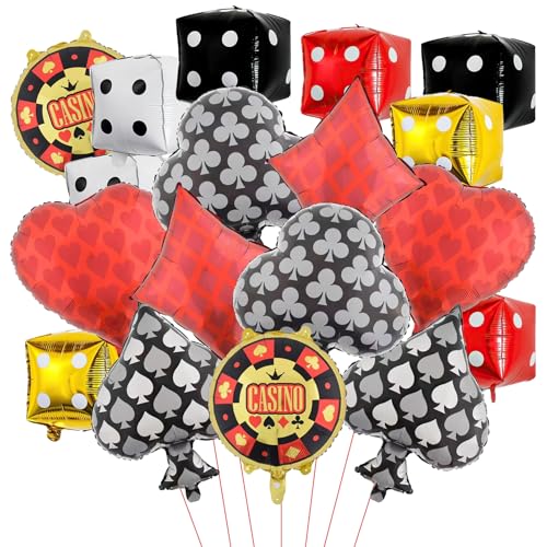 18 Stück Jumbo-Ballons mit Würfeln und Karten, Casino-Themen-Party-Ballon, aufblasbar, quadratisch, Würfel, Folie, rot, schwarz, weiß, Ballon für Casino-Themenparty-Dekorationen von Fsnjcz