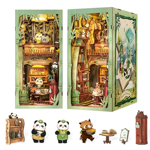 Fsolis Book Nook Kits für Erwachsene, DIY-Miniaturhaus-Set, Holzpuzzle, Buchecken-Set, Tier-Bücherregal, Dekoration, Basteln, Hobbys, Geschenke für Frauen, Teenager (Panda-Buchladen) von Fsolis