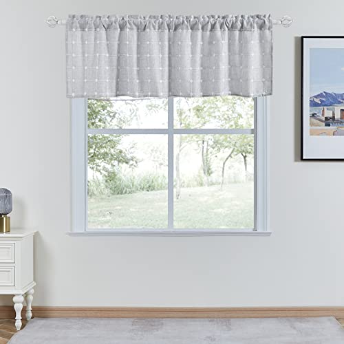 Devola Scheibengardine Leinenoptik Bistrogardine mit Stickerei Kurzgardinen Halbtransparent Küchengardinen Landhausstil Vintage Cáfe Gardine BxH 120x60cm Grau 1 Stück von Devola