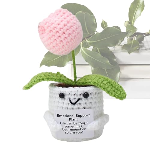 Fukamou Emotional Unterstützte Pflanzentopf, Emotionale Unterstützung Pflanze,Strickpuppe Mit Positiver Karte-Handgefertigte Positive Emotionale Unterstützung Häkelblume, Home Office Desk Dekoration von Fukamou