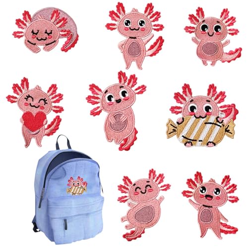 Fukamou Gestickte Aufnäher Mit Tieren, Aufnäher Zum Aufbügeln Mit Tiermotiven | 8 Stück Bestickte Axolotl-Patches Für Jeans | Gestickte -Applikationsaufnäher Für Jeans, Jacken, T-Shirts, Kleider, von Fukamou