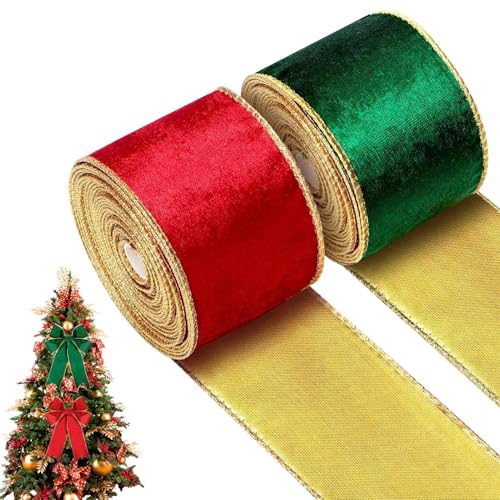 Fukamou Weihnachtsband Zum Basteln, Weihnachtsbaumband | Weihnachts-Bastelstoffbänder, 2 Rollen, Samt Und Satin, Wendbar,Party -Favours 5 Yards Goldbesatz Weihnachtsdekorative Geschenkbänder 2,5 Zoll von Fukamou