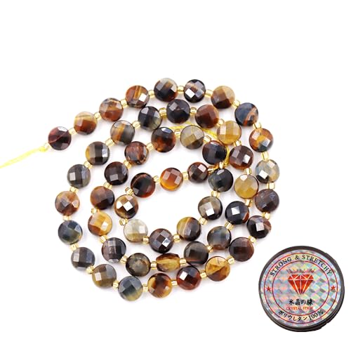 Edelsteinperlen für die Schmuckherstellung, Naturstein facettierte flache runde Perlen dark tiger's eye 10mm von Fukugems