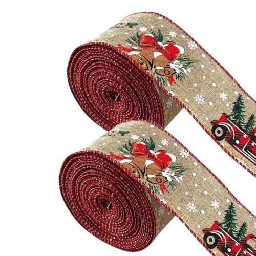 2 Rollen Geschenkband Weihnachtsband, Sackleinen Weihnachtsbänder Schleifenband zum Geschenkpackung Verpackung, Vintage Christmas Satinband für Christmas Deko, 6,3 cm x 5 Yard von Fulenyi