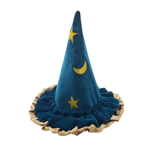 Fulenyi Halloween-Hexenhut für Damen, breite Krempe, blauer Hexenhut für Damen, Stern-Mond-Muster, Zauberer-Kostüm, Cosplay-Hut, Mädchen-Accessoire, Spitzhut für Halloween von Fulenyi