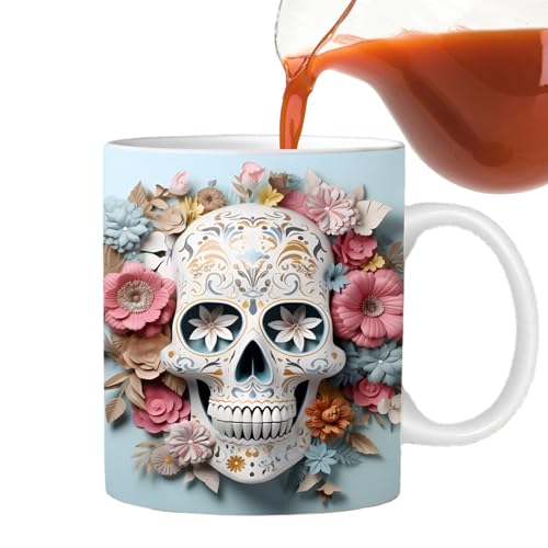 Skelettbecher – Tasse mit Totenkopf und Blumen mit flachem 3D-Effekt, tragbare Kaffeetasse mit Totenkopfmotiv in lebendigen Farben, Keramik-Teetasse für Kaffee von Fulenyi