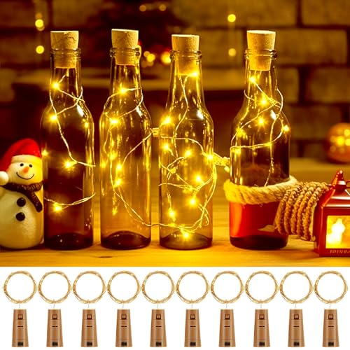 Fulighture Flaschenlicht, 2M 20 LEDs Flaschenlichterkette Kupferdraht Drahtlichterkette, Flaschenlicht Korken mit Batterie für Party Deko Weihnachten Warmweiß 10 Stück von Fulighture