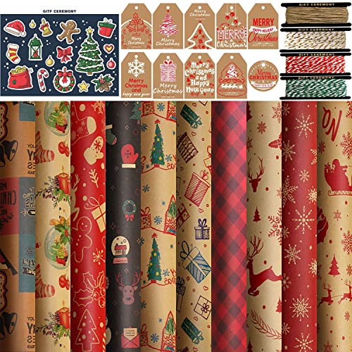 FullJoyHut Geschenkpapier weihnachten Set, 10 Blatt Kraft Recyceltes Weihnachtspapier 70x50CM, 10 Geschenkanhänger, 4 Rollen Packseil Juteband Rollen Jute Schnur Metallisch für Geschenkverpackung von FullJoyHut