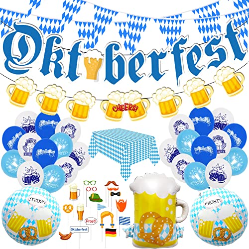 FullJoyHut Oktoberfest Deko Set im Bayern-Stil, Bayrische Dekoration Accessoires mit Girlande Wimpel-Kette Luftballons Folienluftballons Tischdecke Foto Requisiten für Oktoberfest Dekoration Party von FullJoyHut