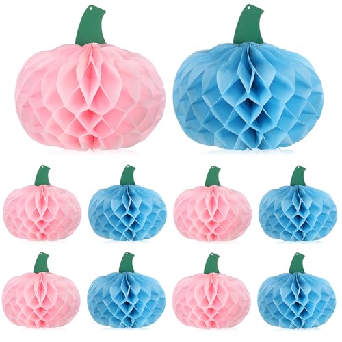 Fullhawl 10 Stück Kürbis-Waben-Mittelstück 25,4 cm Papier rosa und blau Seidenpapier Kürbis Waben-Kürbisse hängende Dekorationen für Geschlechtsoffenbarung Partys Babypartys Partyzubehör von Fullhawl