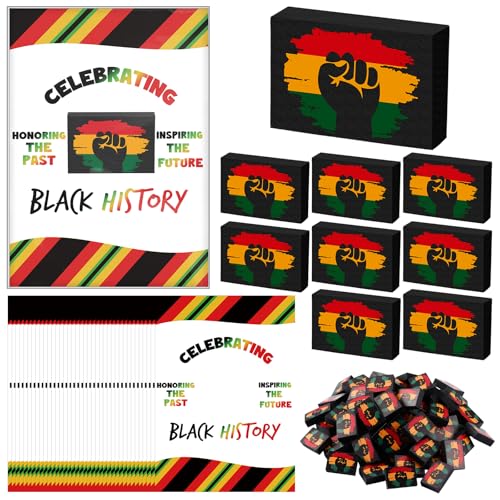 Fullhawl 100 Sets schwarze Geschichte Monat Geschenke Schwarze Geschichte Monat Radiergummis Bulk Celebrating Cards Black History Month Party Favors Memorial Geschenk für Studenten Klassenzimmer von Fullhawl