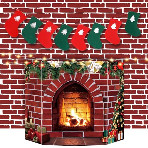 Fullhawl 4 Stück Weihnachtskamindekoration inklusive 3D-Karton-Kamin, Backsteinmauer-Hintergrund, Weihnachtsstrümpfe, Filzbanner und 30 LED-Lichterkette für Weihnachtsfeier, Hintergrunddekoration von Fullhawl