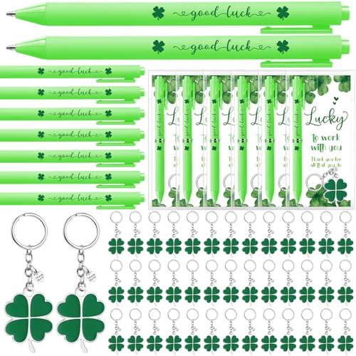 Fullhawl 48 Sets St. Patrick's Day Geschenke für Mitarbeiter Viel Glück Kugelschreiber Kleeblatt Kugelschreiber Vierblättriges Kleeblatt Schlüsselanhänger mit Dankeskarten für Teammitarbeiter, Lehrer, von Fullhawl